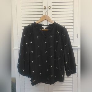 LC Lauren Conrad Black Blouse with White Embroidery